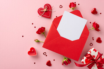 Romantic surprise unfold in top-view shot of Valentine's Day joy. Giftbox adorned in themed paper, vibrant red roses, envelope with heartfelt letter, confetti create love-filled scene on pink backdrop