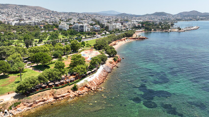 Aerial drone photo of famous seascape of Athens Riviera with crystal clear beaches, Voula, Saronic...