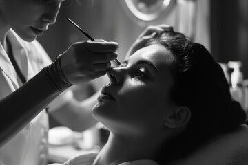 A woman is having her makeup professionally applied. This image can be used to depict beauty, cosmetics, and professional makeup application