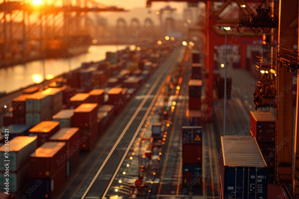 Poster a long line of shipping containers in a port. suitable for logistics and transportation themes