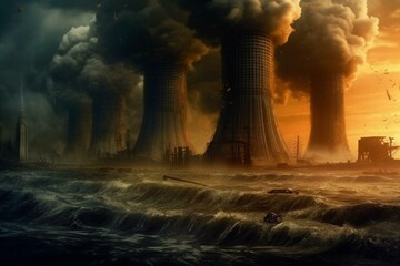 Apocalyptic event: nuclear accident causing overheated cooling towers. Generative AI - obrazy, fototapety, plakaty