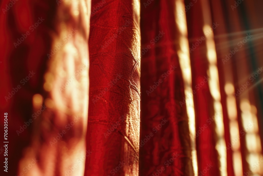 Poster Close-up view of a vibrant red curtain in a room. Perfect for adding a touch of color and elegance to any interior design project