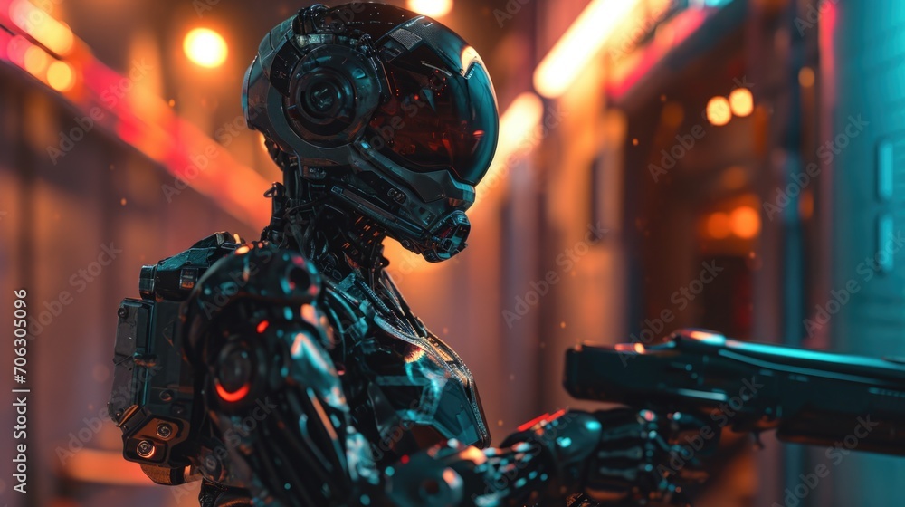 Poster a close up view of a robot holding a gun. perfect for futuristic or sci-fi themed designs