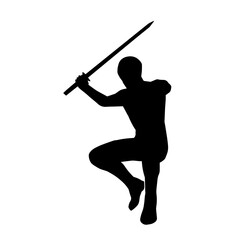 Naklejka premium Silhouette of a male warrior in action pose with sword weapon. Silhouette of a man fighter carrying sword weapon.
