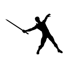 Fototapeta na wymiar Silhouette of a male warrior in action pose with sword weapon. Silhouette of a man fighter carrying sword weapon.