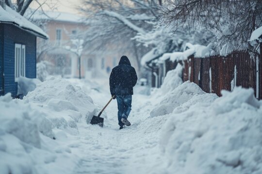 A person is seen walking down a snow covered street with a shovel. This image can be used to depict winter, snow removal, or a snowy urban landscape