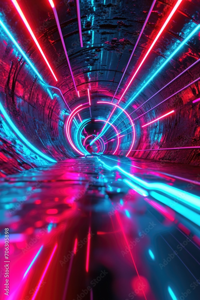Poster a mesmerizing tunnel illuminated by vibrant neon lights. perfect for creating a futuristic or energe
