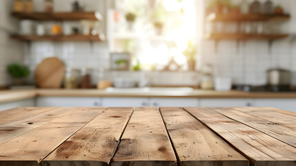 Empty wooden table and blurred kitchen background. Generative AI illustration