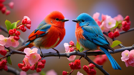 two colorful birds perched on an overgrown flowering branch
