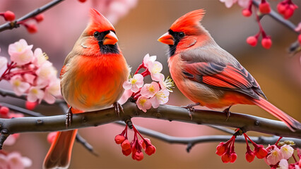 two red birds are sitting on a branch with blossoms