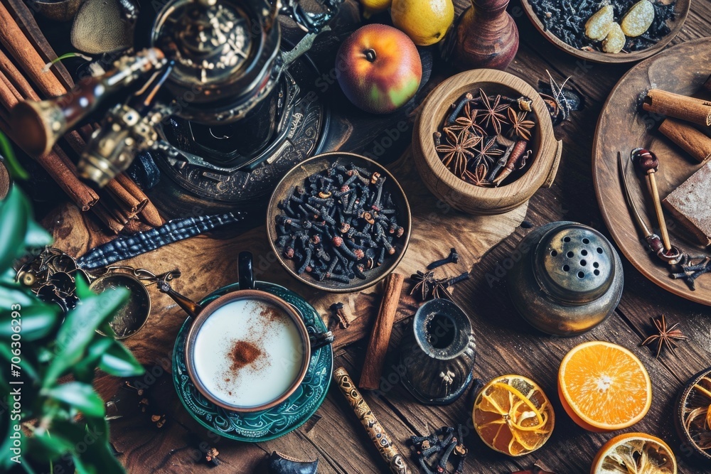Poster a wooden table adorned with an assortment of bowls filled with fresh fruit and aromatic spices. perf