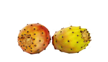 Two cactus figs aka Opuntia Ficus Indica fruit, laying on flat surface. Isolated cutout on a...