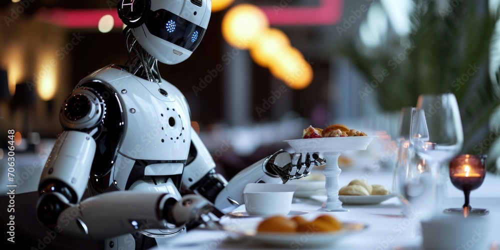 Poster A robot is seen sitting at a table with a plate of food. This image can be used to depict futuristic dining or the integration of technology in everyday life