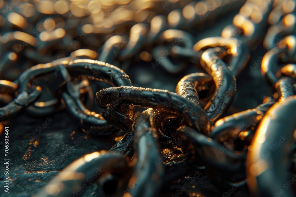 Poster A close-up view of a chain placed on a table. Suitable for various uses
