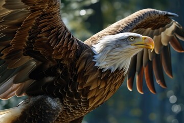 A powerful bald eagle soaring through the air with its wings gracefully spread. Perfect for nature and wildlife enthusiasts.