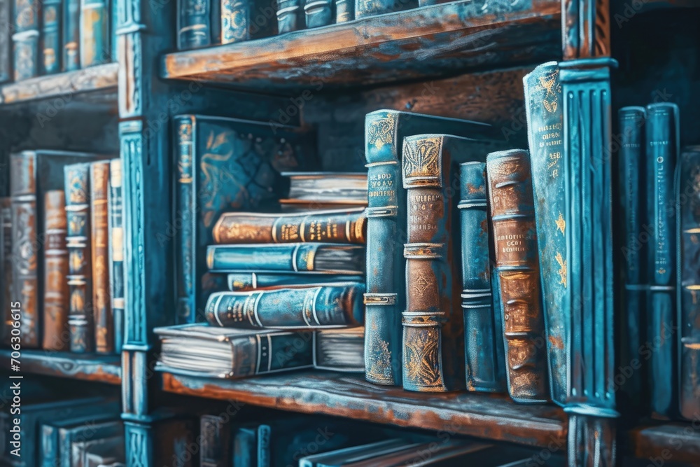 Poster a book shelf filled with lots of books. can be used to depict a library or a collection of books