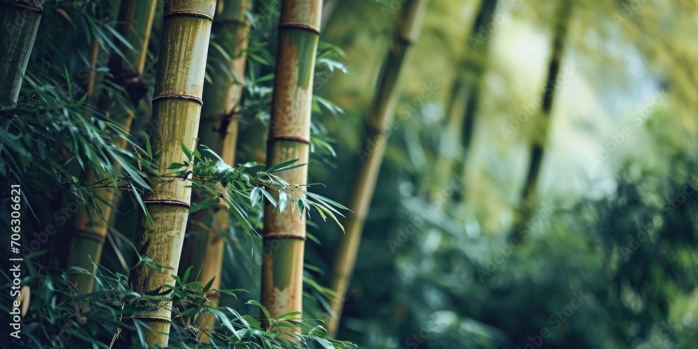 Poster a picturesque image featuring a group of bamboo trees in a serene forest. ideal for nature-themed de