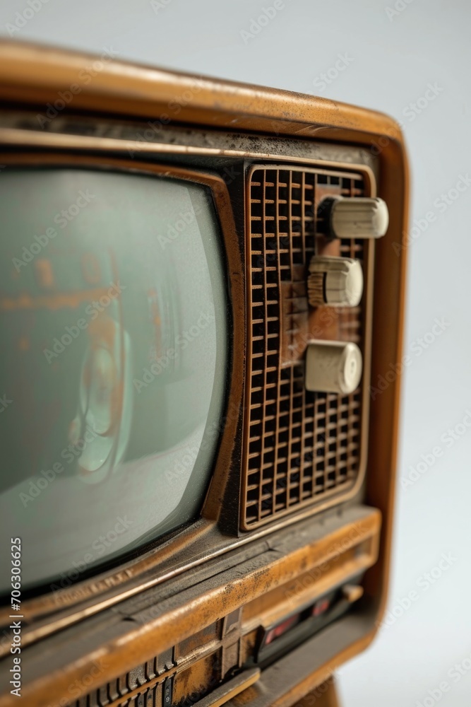 Poster an old fashioned television with a turned on screen. suitable for use in retro-themed designs or to 