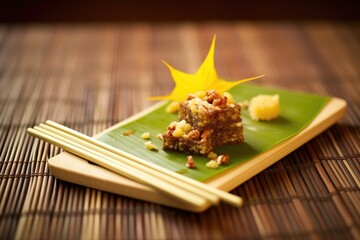 banana and chocolate tartare with nuts, on bamboo mat