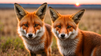 Naklejka na ściany i meble Red foxes on the background of the steppe and sunset. AI
