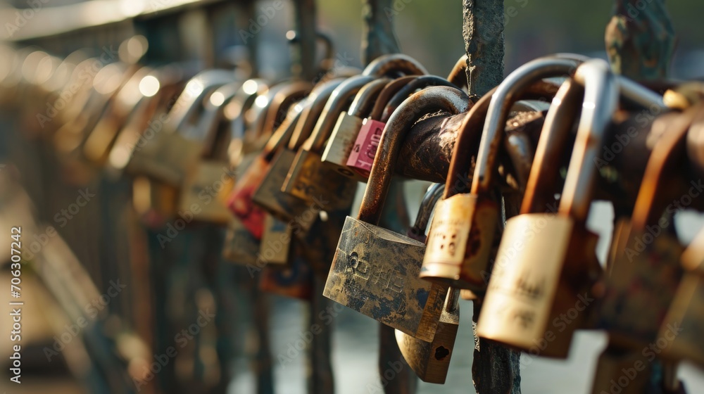 Poster a group of padlocks securely fastened to a fence. this image can be used to represent security, love