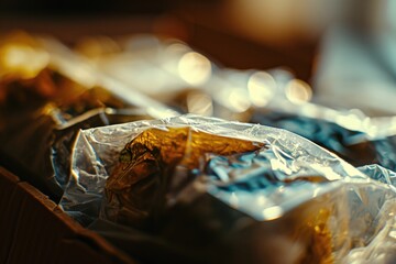 A close up view of food wrapped in foil inside a box. Perfect for showcasing delicious and convenient meals.