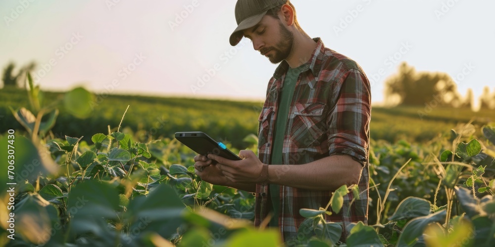 Aufkleber a man stands in a field, holding a cell phone and looking at the screen. this image can be used to d