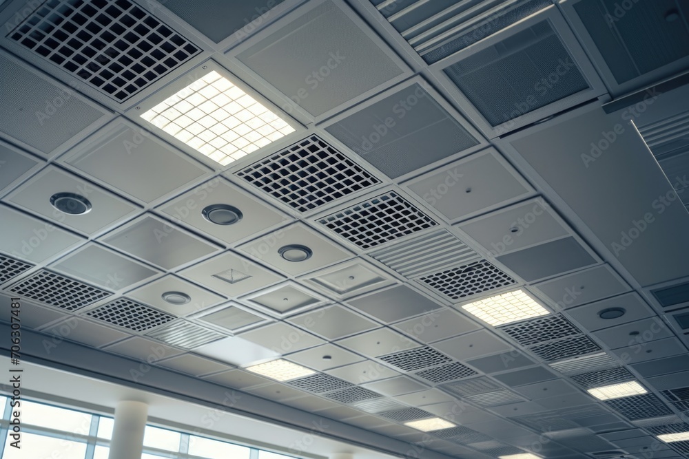 Poster A room with a ceiling adorned with numerous lights. Perfect for adding a touch of elegance and brightness to any space