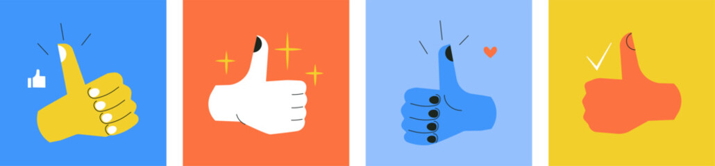 Thumb up hand. Like gesture. Good, great job, well done, ok. Colorful vector illustration. Set of funny cartoon character hands. Cartoon style. Approval, agreement. Best choice concept