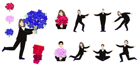 Men, artists in different poses, bouquet, gift boxes.