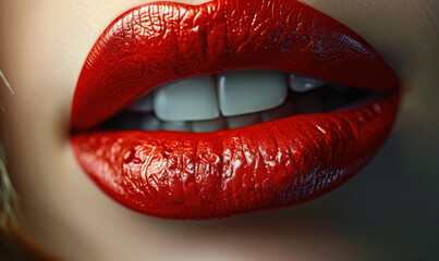 Obraz premium Close-up of perfectly shaped full lips painted with vibrant red lipstick, symbolizing glamour, beauty, makeup artistry, and feminine allure
