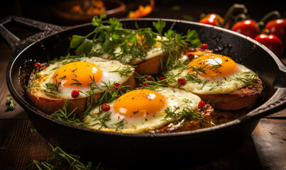 Sunny-side up eggs in a cast iron skillet with halved cherry tomatoes and chives, a rustic breakfast setup on a wooden table