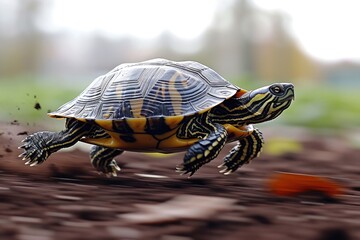 Obraz premium The turtle is running fast on the treadmill. Blurred motion, speed effect. Concept of deadline, business, rush, time, competition.