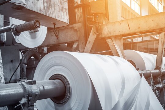 Massive rolls of pristine white paper ready for use in a busy print production warehouse. Giant paper rolls waiting to be transformed in an industrial print shop.