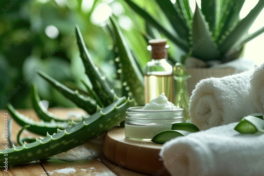 Poster a wooden table with a bottle of lotion placed next to a pile of towels. ideal for spa, relaxation, a