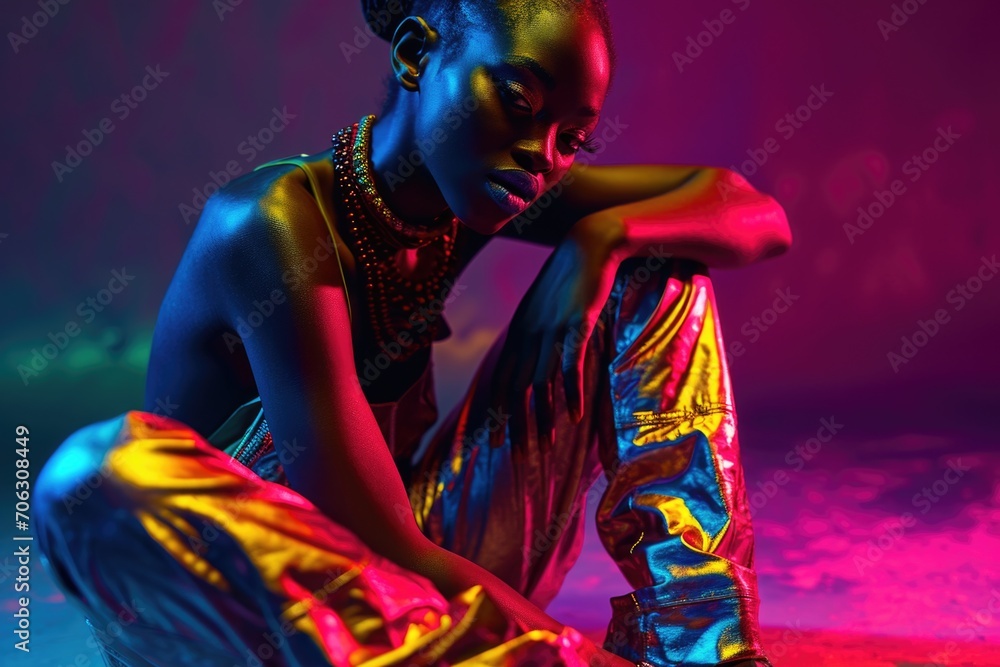 Poster a woman sitting on the ground with her legs crossed. this versatile image can be used in various con