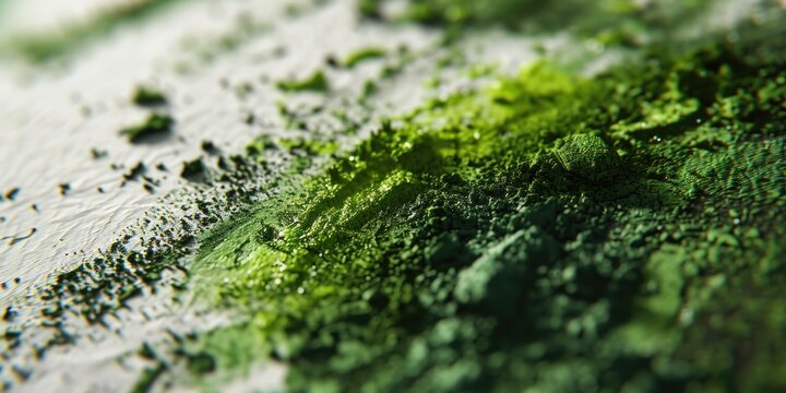 A detailed close-up of a green substance placed on a table. This image can be used to represent concepts such as chemistry, science experiments, or environmental issues