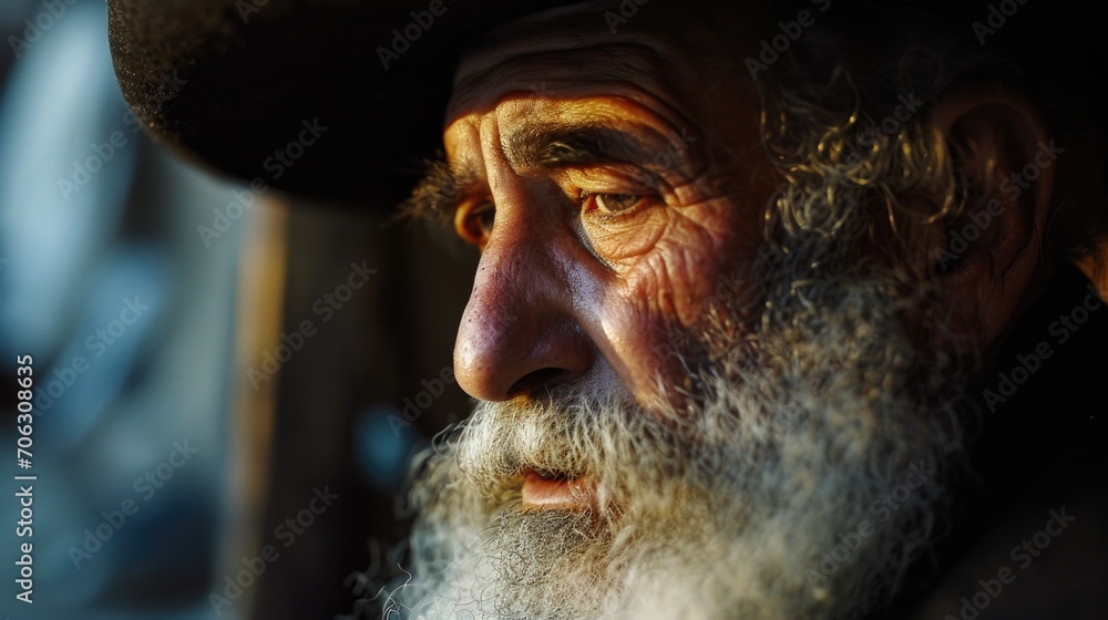 Poster a close-up view of a man wearing a hat. this image can be used to depict a stylish or mysterious cha