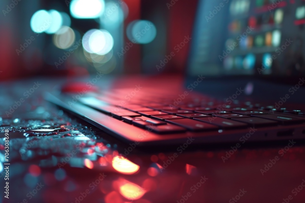 Poster A laptop computer sitting on top of a table. Suitable for technology-related articles or website designs