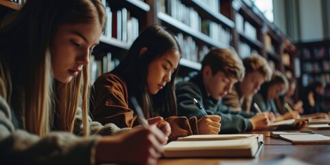 A group of young people sitting together at a table in a library. Suitable for educational or social gathering themes