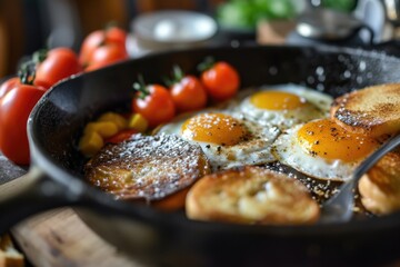 A picture of a frying pan filled with eggs and toast. Suitable for breakfast and cooking themes