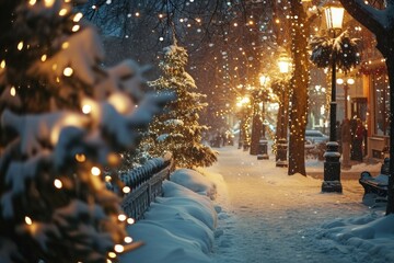 A winter scene of a snowy street with a bench and lights. Perfect for holiday-themed projects or winter landscapes