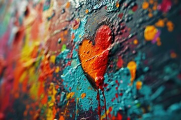 A heart painted on a wall with splatters of paint. This image can be used to convey love,...