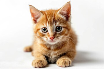 Obraz premium A cute small orange kitten sitting on a white surface. Perfect for pet lovers or animal-related projects