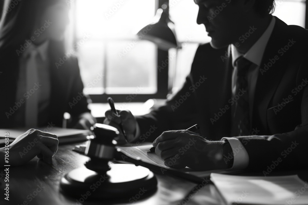 Poster a couple is sitting at a table with a gavel. this image can be used to represent teamwork, decision-