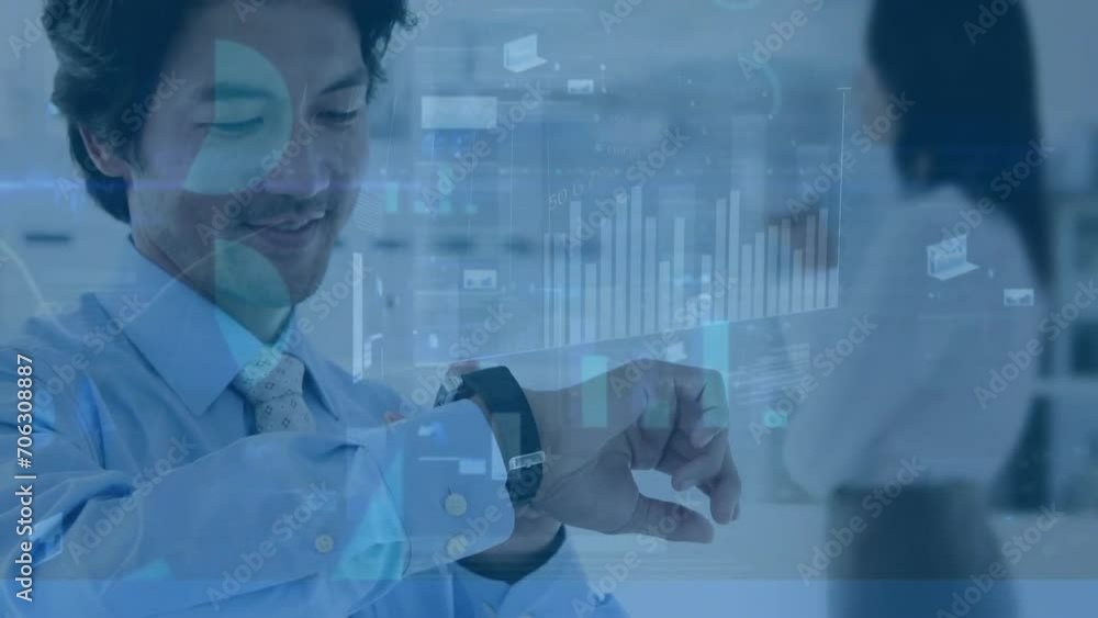 Poster animation of data processing over asian businessman using smartwatch