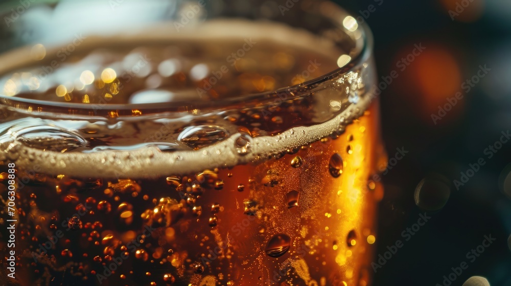 Poster a close up view of a glass of beer. perfect for showcasing the rich color and frothy texture of the 