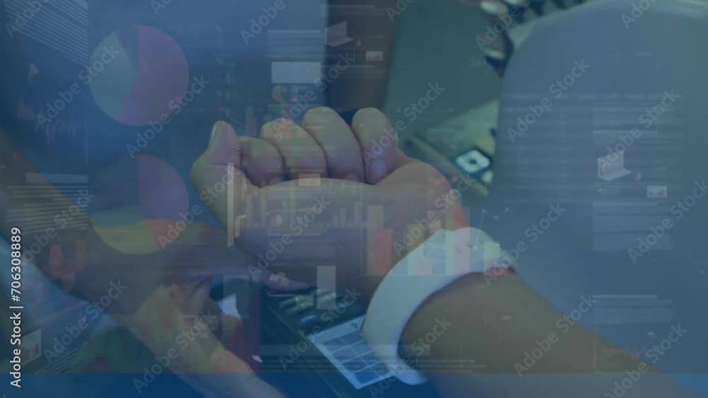 Poster animation of data processing over caucasian man paying with smartwatch