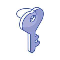 An icon of heart key in isometric design style, love key vector design