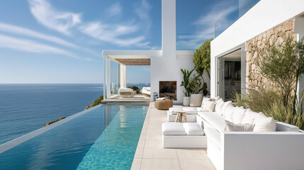 All white modern luxury villa with blue sea - obrazy, fototapety, plakaty